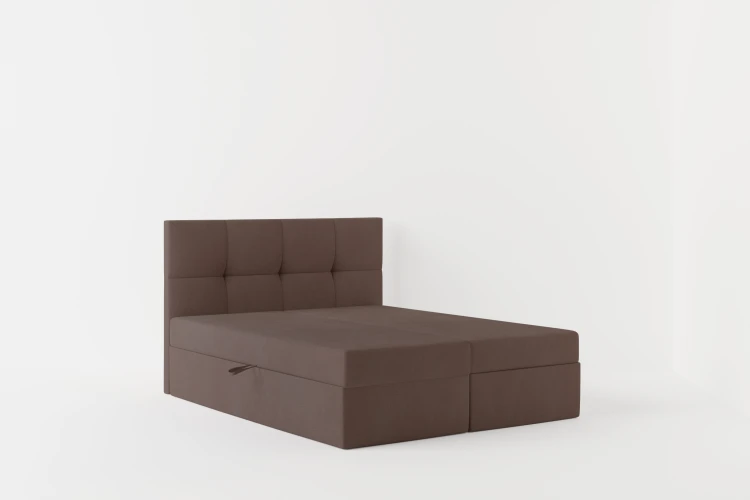 Seitenansicht eines braunen Boxspringbetts mit hohem, gestepptem Kopfteil.
