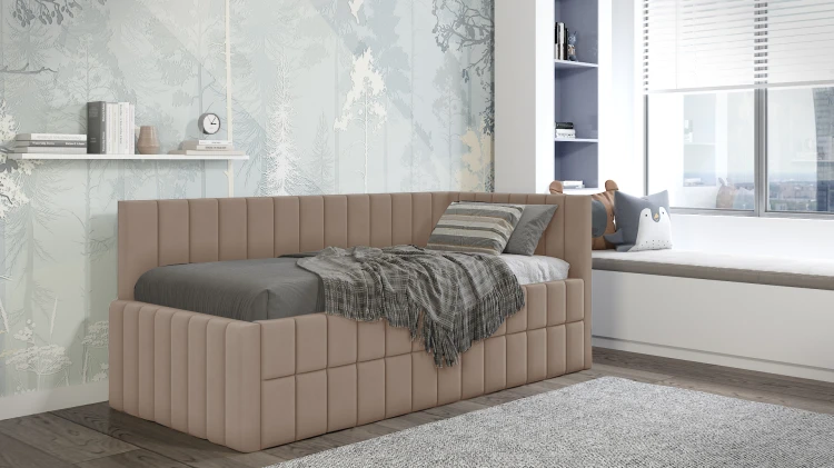 Beige Polsterbett als Daybed im modern gestalteten Kinderzimmer.