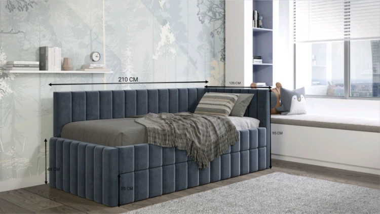 Blaues Funktionsbett mit Maßangaben im hellen Kinderzimmer.