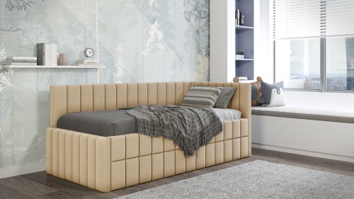Gelbes Polsterbett als Daybed in gemütlichem Jugendzimmer.