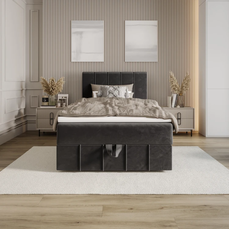 Schlafzimmer-Set mit dunkelgrauem Bett, Nachttischen und Wanddekoration
