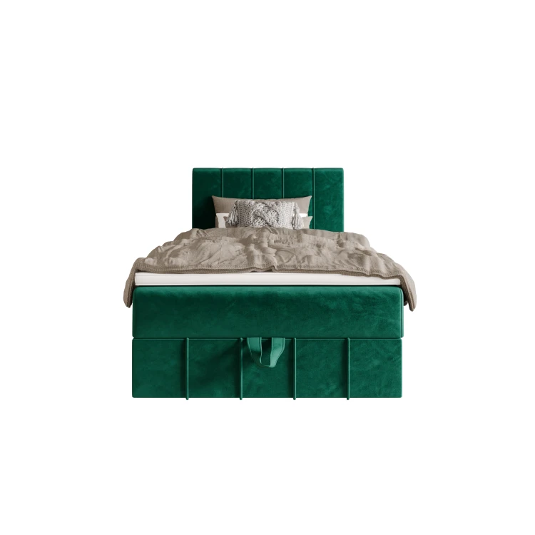 Grünes Boxspringbett aus Samt mit praktischem Stauraum, Vorderansicht.