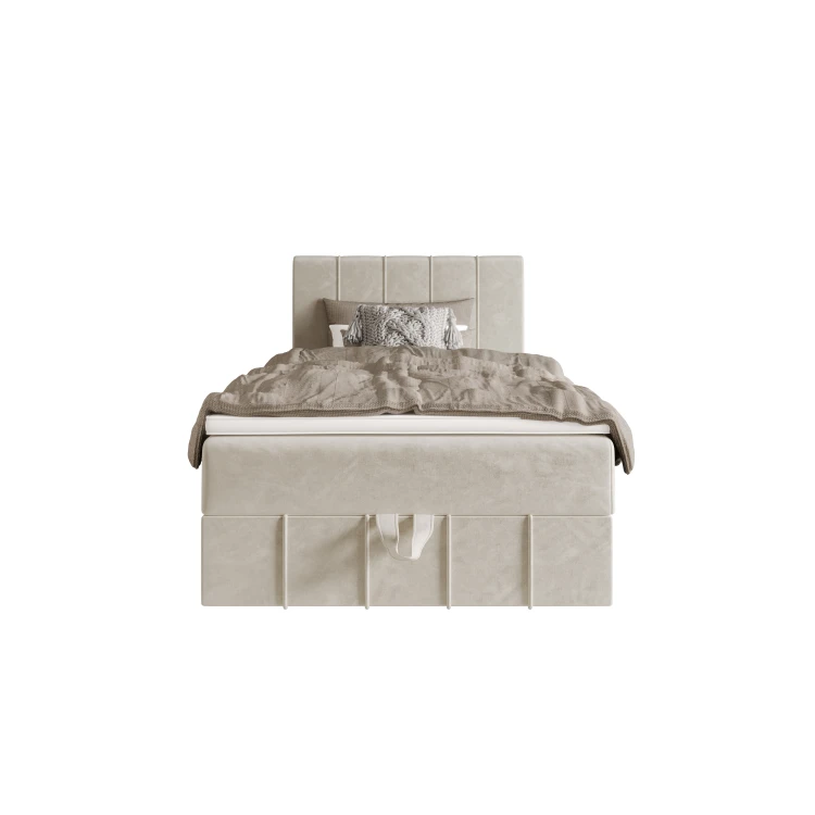 Beiges Boxspringbett mit geripptem Kopfteil und brauner Bettwäsche, Frontansicht.