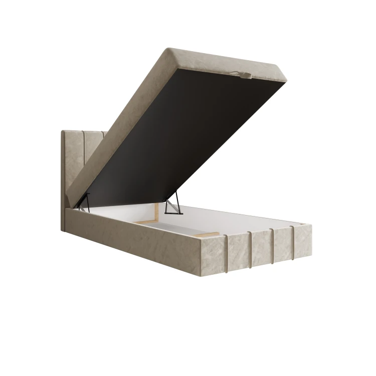 Boxspringbett mit geöffnetem Bettkasten zur seitlichen Aufbewahrung.