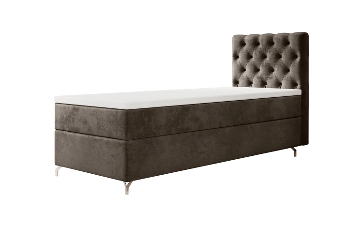 Dunkelbraunes Samt-Boxspringbett mit hohen Metallfüßen auf Weiß