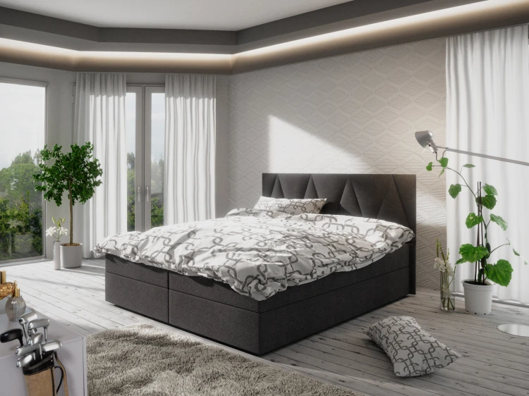 Elegantes anthrazitfarbenes Polsterbett in einem hellen, modern eingerichteten Schlafzimmer.