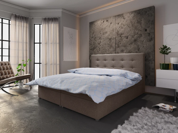 Modernes braunes Boxspringbett mit gestepptem Kopfteil in einem stilvollen Schlafzimmer-Ambiente.