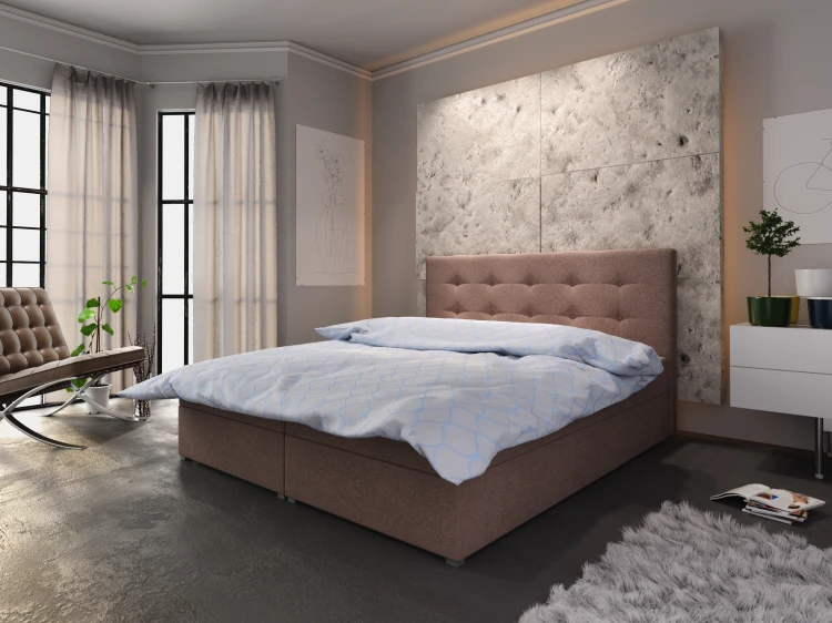 Braunes Polsterbett mit gepolstertem Kopfteil in modernem Raumdesign.
