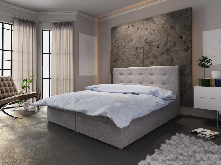 Modernes Schlafzimmer mit hellgrauem Polsterbett, gemusterter Bettwäsche und stilvoller Wandgestaltung.