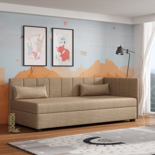 Bequemes beige Polstersofa ideal für Jugend- oder Gästezimmer.
