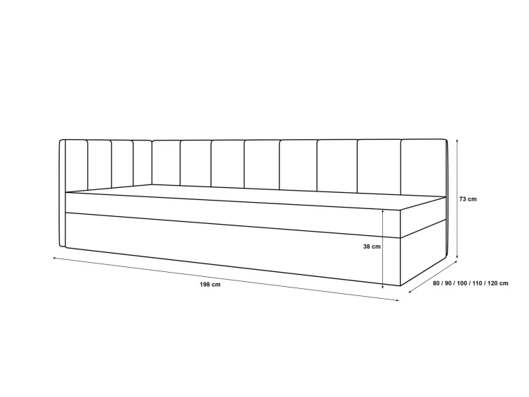 Konstruktionszeichnung eines Sofas mit verschiedenen Breitenoptionen von 80 bis 120 cm.