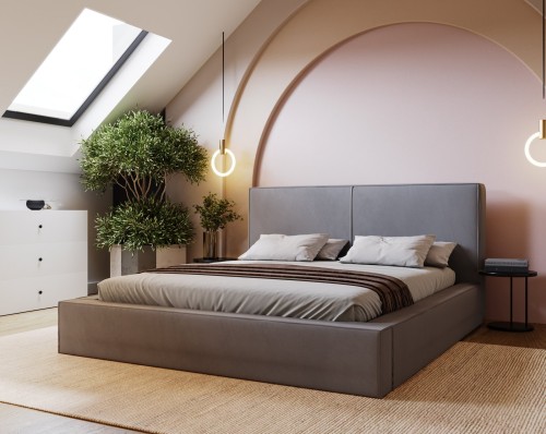 Loft-Schlafzimmer mit grauem Bett, weißer Kommode und dekorativen Hängelampen.