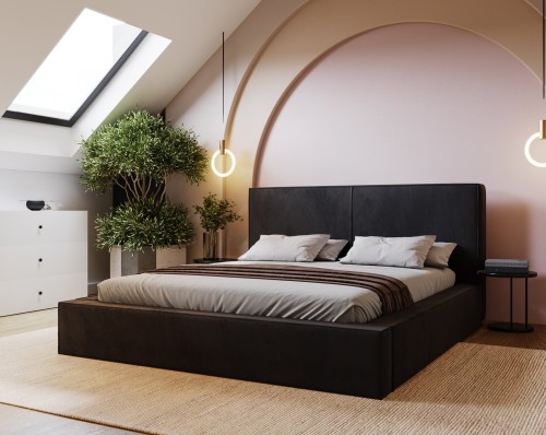 Minimalistisches Schlafzimmer mit schwarzem Bett und großen Zimmerpflanzen.