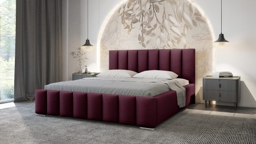 Elegantes weinrotes Polsterbett mit vertikal gestepptem Kopfteil in modernem Design.