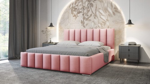 Gemütliches Schlafzimmer mit rosa Polsterbett und floralem Wanddekor