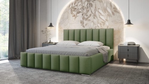 Stilvolles grünes Doppelbett mit hohem Kopfteil vor Motivtapete.