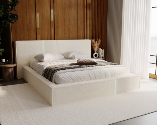 Modernes weißes Polsterbett aus Bouclé-Stoff im Schlafzimmer mit Holzpaneelen.