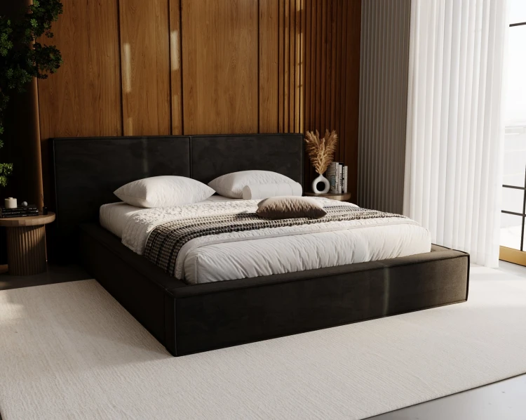 Minimalistisches dunkelgraues Polsterbett vor warmer Holzwand im Schlafzimmer.