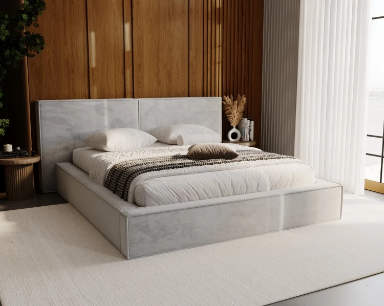 Hellgraues Polsterbett im modernen Design vor einer edlen Holzvertäfelung im Schlafzimmer.