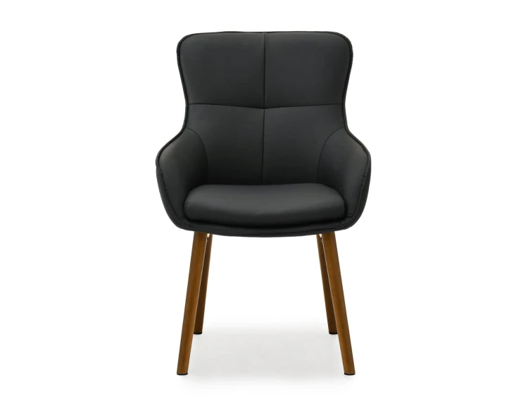 Moderner Schalenstuhl in Schwarz mit bequemer Polsterung und zeitlosem Holzgestell.