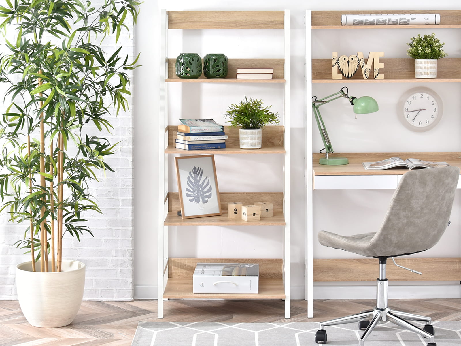Offenes Loft-Regal 65 cm in Eichen-Optik auf weißem Gestell SKANDI Awentto
