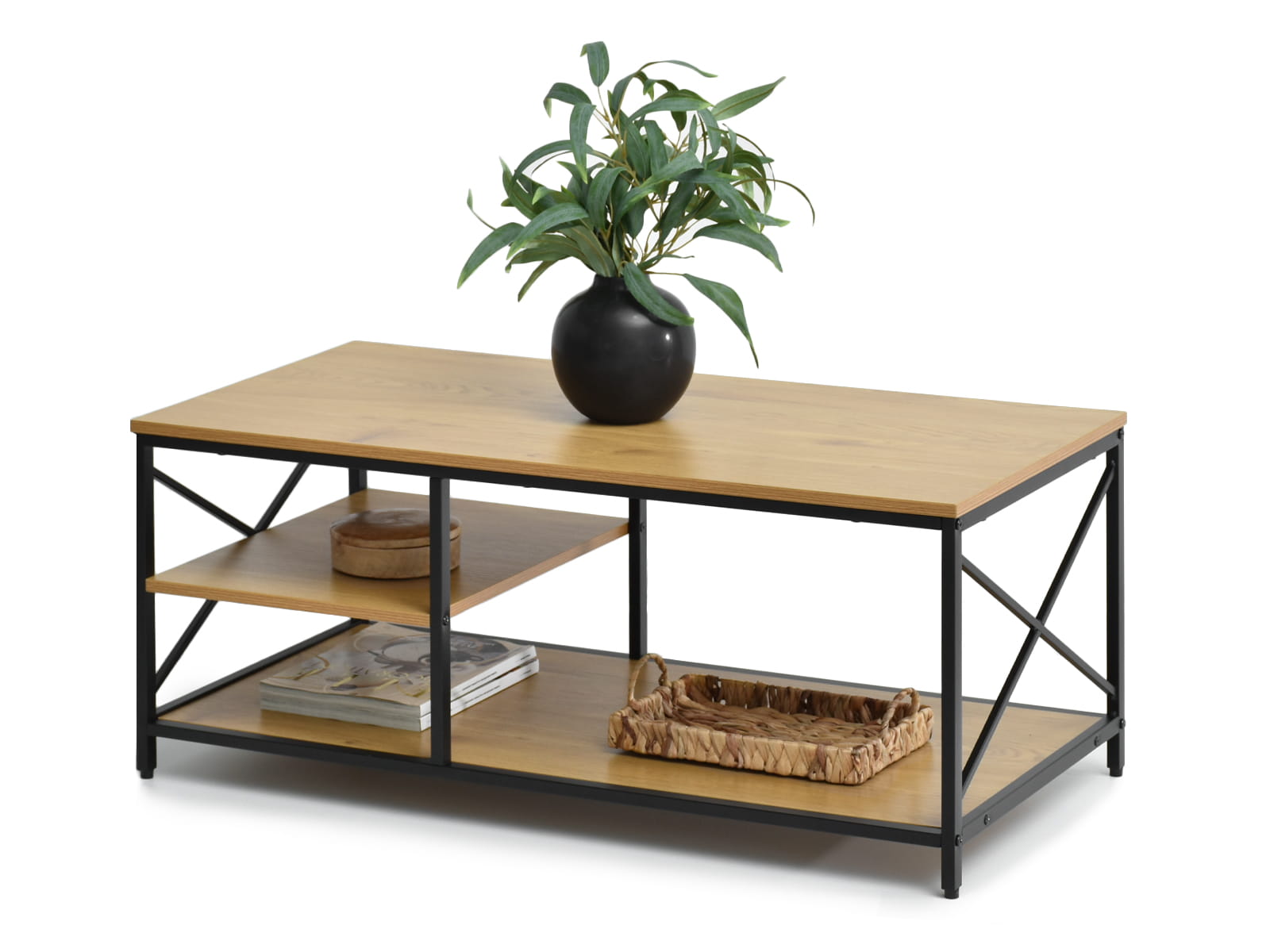 Couchtisch 100x50 cm mit Ablagen in Eiche-Optik auf schwarzem Gestell REEFON Awentto