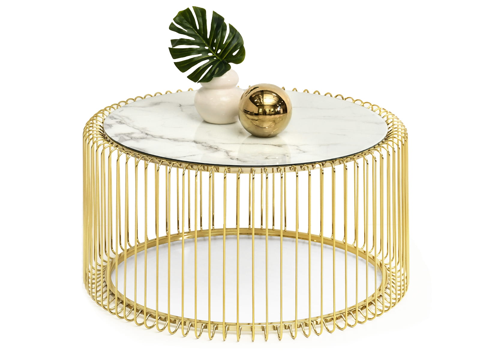 Couchtisch Rund ø 80 cm Durchbrochen Gold Marmor-Optik mit Glasplatte Glamour COAST XL Awentto