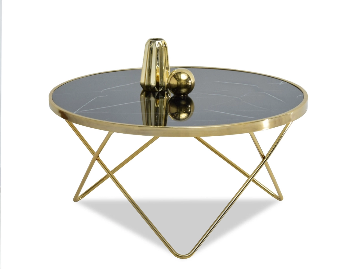 Couchtisch rund ø 80 cm mit schwarzer Glasplatte und goldenem Glamour-Gestell GABI S Awentto