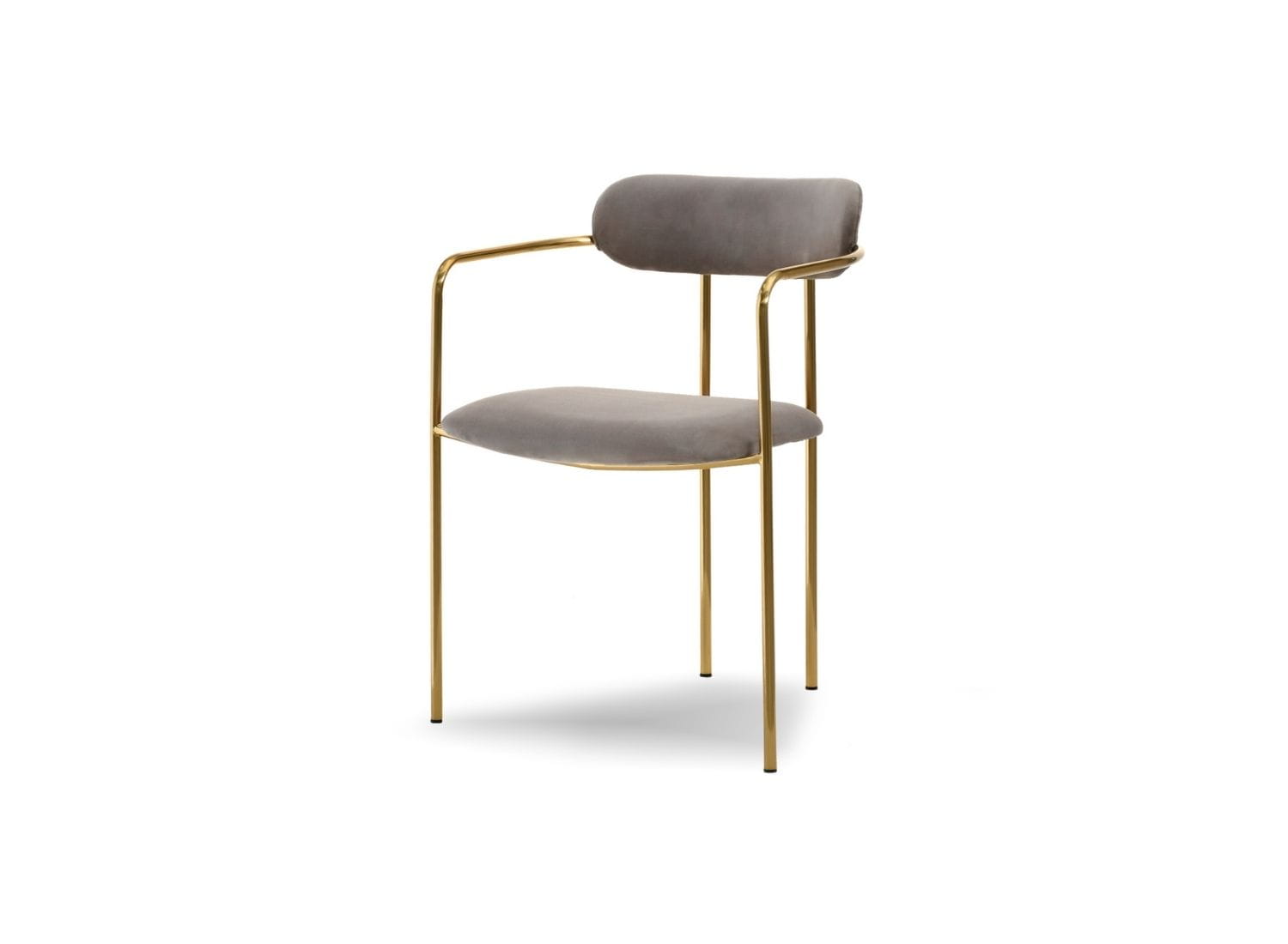 Beiger Samt-Stuhl im minimalistischen Stil auf hohen goldenen Beinen für das Esszimmer MALAGA Awentto