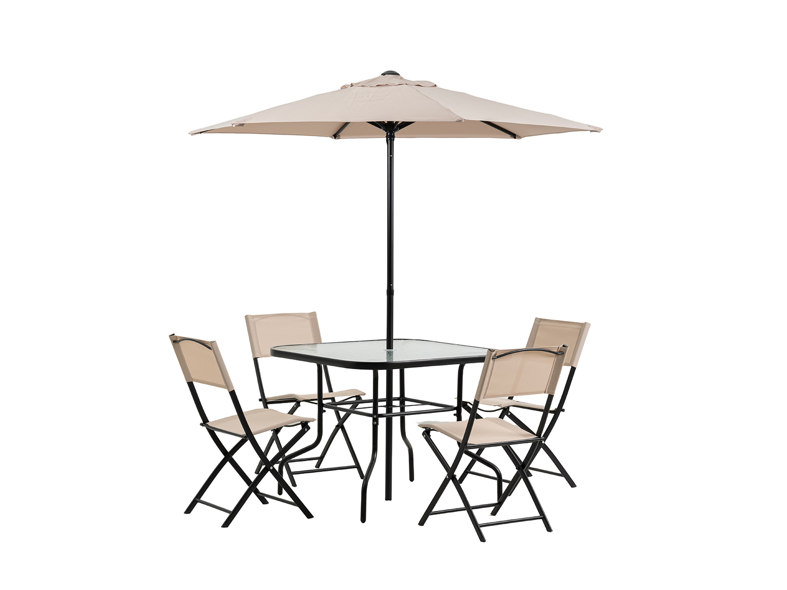 Gartenmöbel Set mit Sonnenschirm NILO – runder Glastisch Ø90 cm & 4 Klappstühle, 6-teilig, 4 Personen Awentto