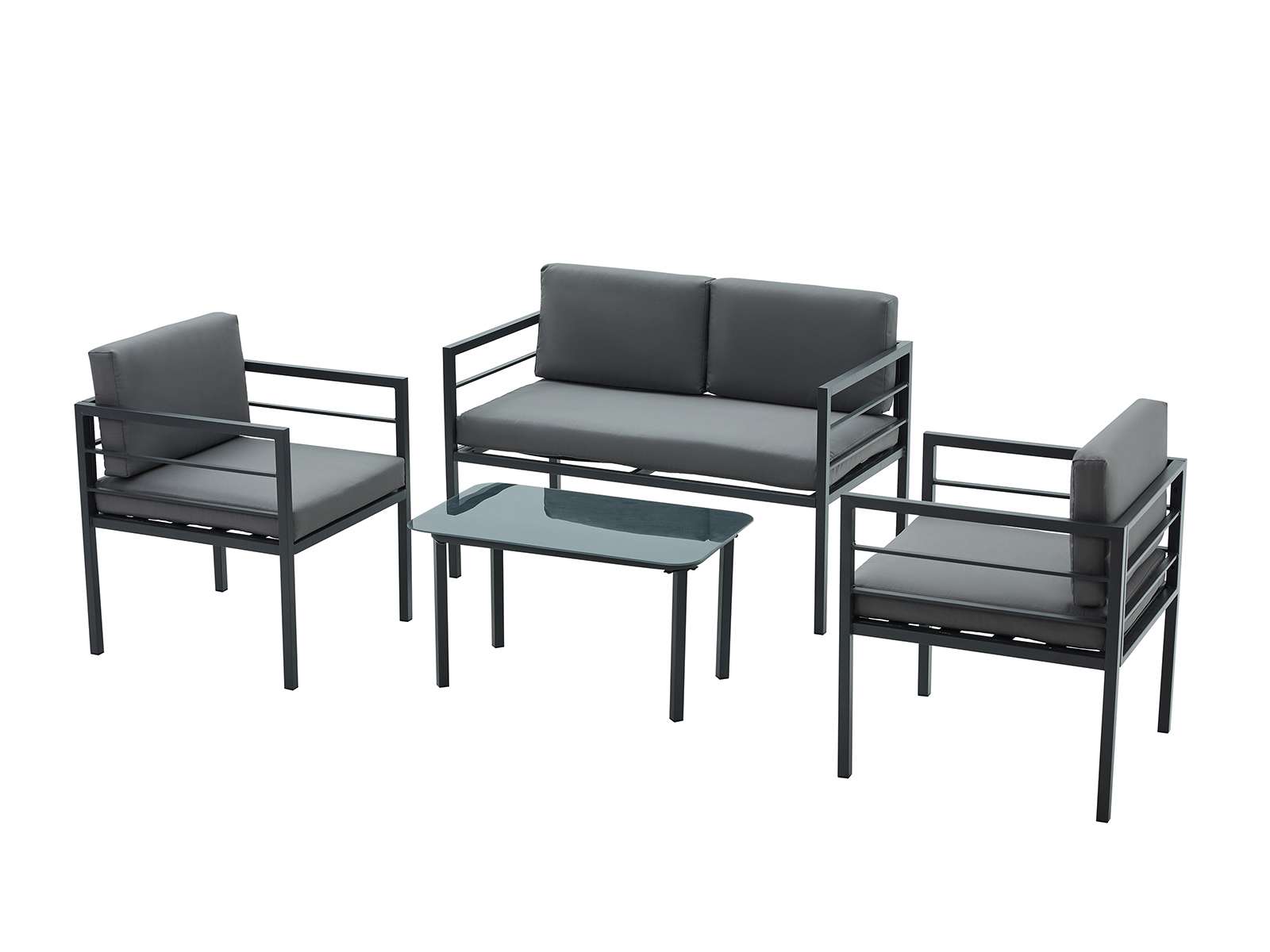 Gartenlounge Set 4 Personen KENT – Sofa, 2 Sessel & Glastisch, Stahl, inkl. Sitz- und Rückenkissen Awentto