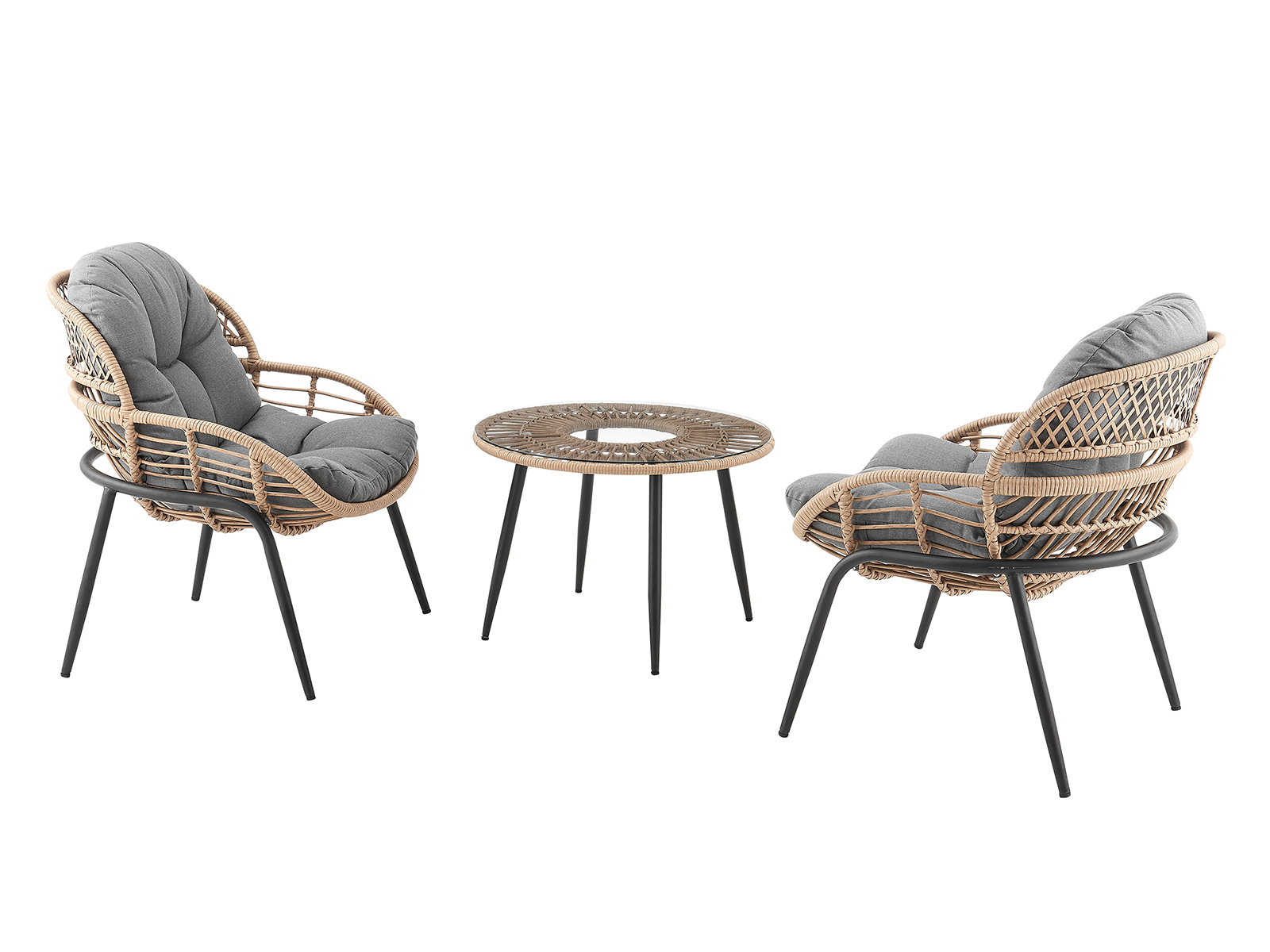 Balkon Lounge Set 2 Personen RIVIERA – 2 Sessel in Rattan-Optik mit Kissen & Couchtisch, wetterfest Awentto