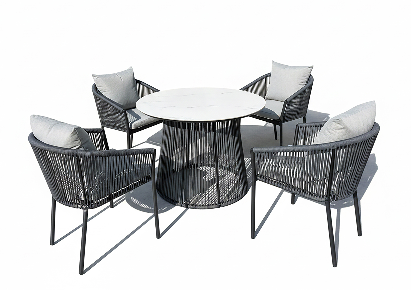 Gartenmöbel Set 4 Personen NOVARA – runder Tisch Ø100 cm in Marmoroptik, 4 Stühle mit Kissen, Seilgeflecht, wetterfest Awentto