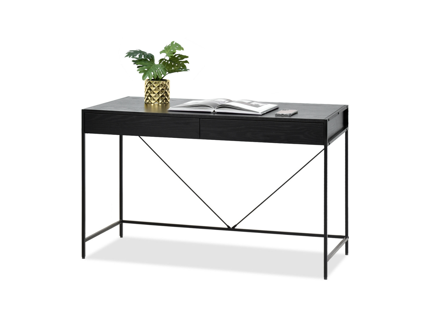 Schwarzer Schreibtisch 123 cm mit Schubladen auf schwarzen Beinen RIKO Awentto