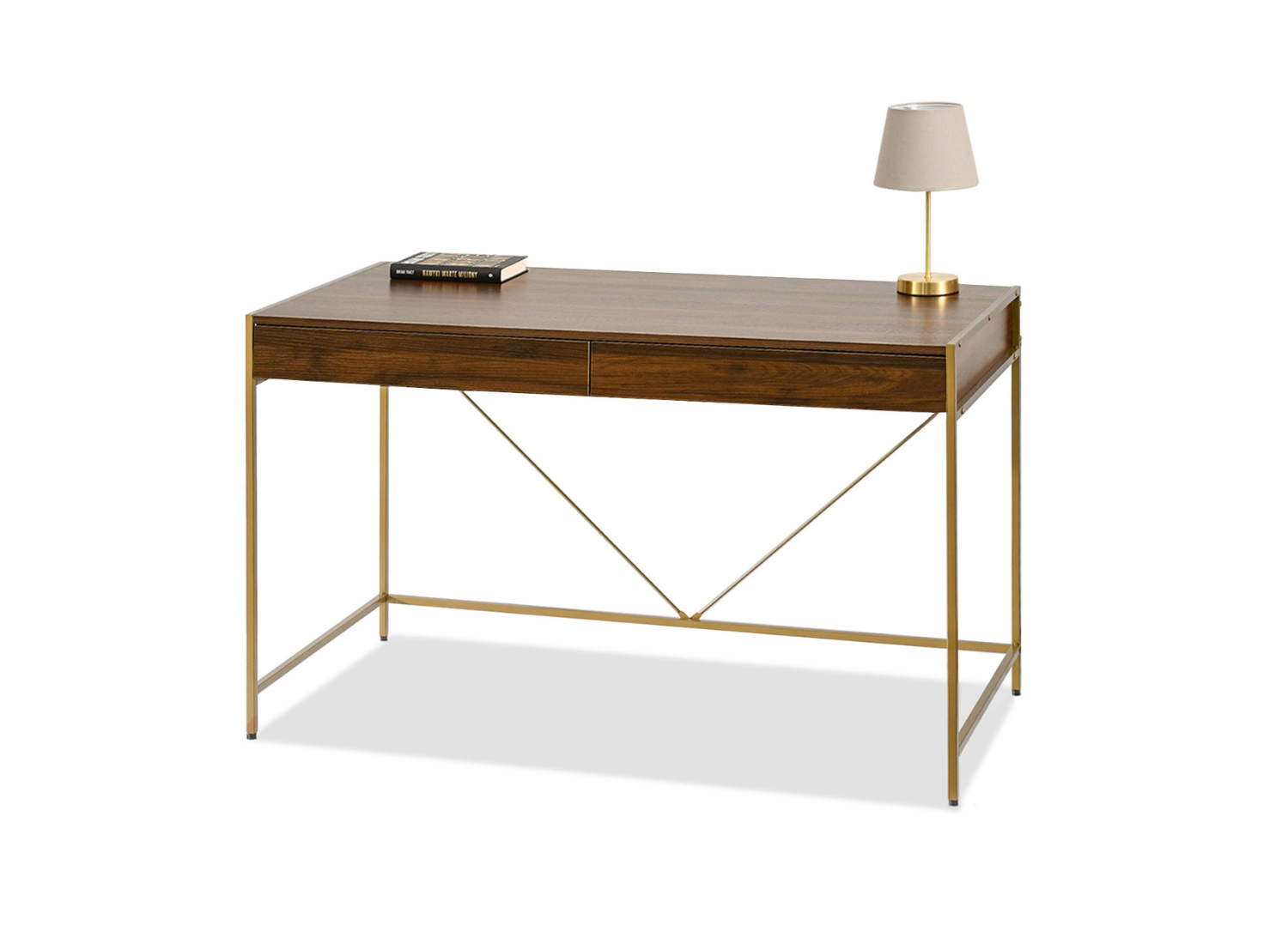 Schreibtisch Walnuss 123 cm mit Schubladen auf goldenen Beinen RIKO Awentto