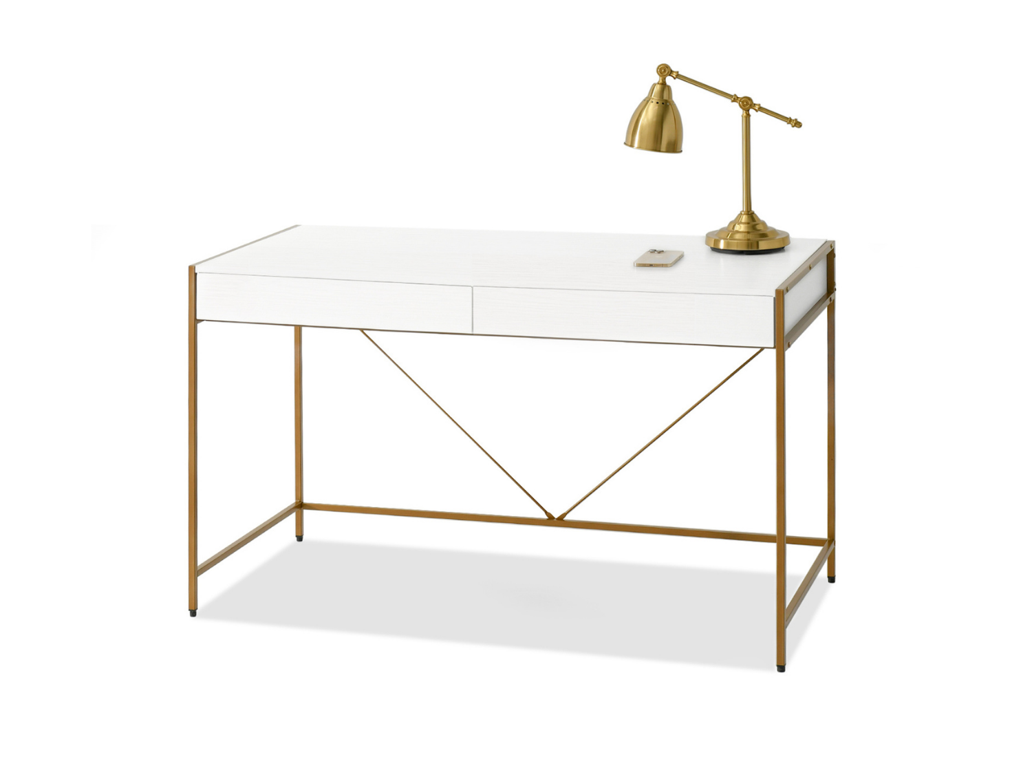 Schreibtisch Weiß 123 cm mit Schubladen auf goldenen Beinen RIKO Awentto