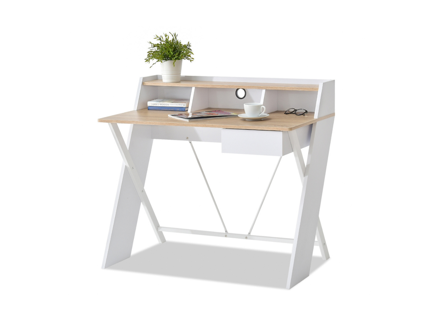 Schreibtisch weiß mit Regal und Schublade 100 cm auf weißen Beinen ODIN Awentto