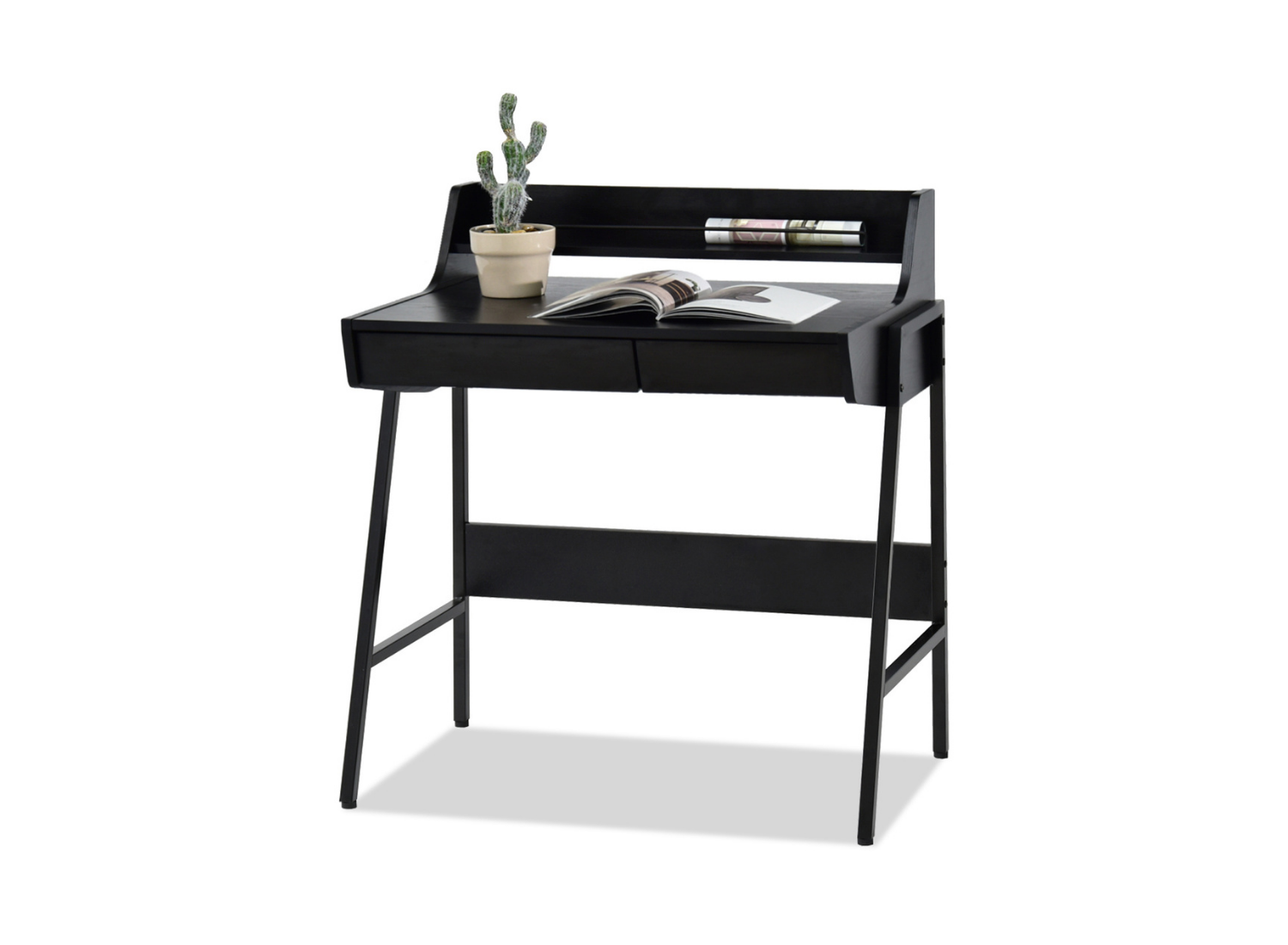 Kompakter Schreibtisch Schwarz 78 cm mit Regal und Schubladen auf schwarzen Beinen VERA Awentto