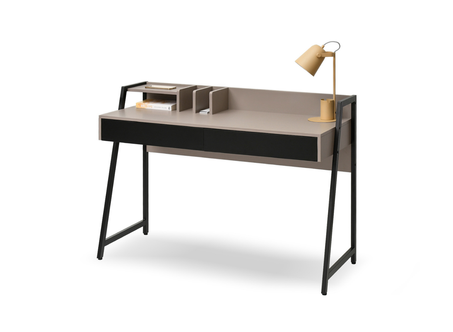 Schreibtisch Beige 124 cm mit Aufsatz und Schubladen auf schwarzen Beinen ARDEN Awentto