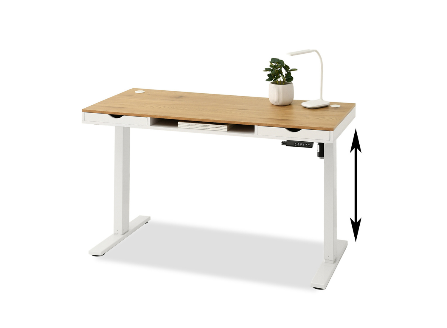 Elektrischer Schreibtisch 140 cm Eiche mit Schubladen und Regal auf weißem Gestell DENVER Awentto