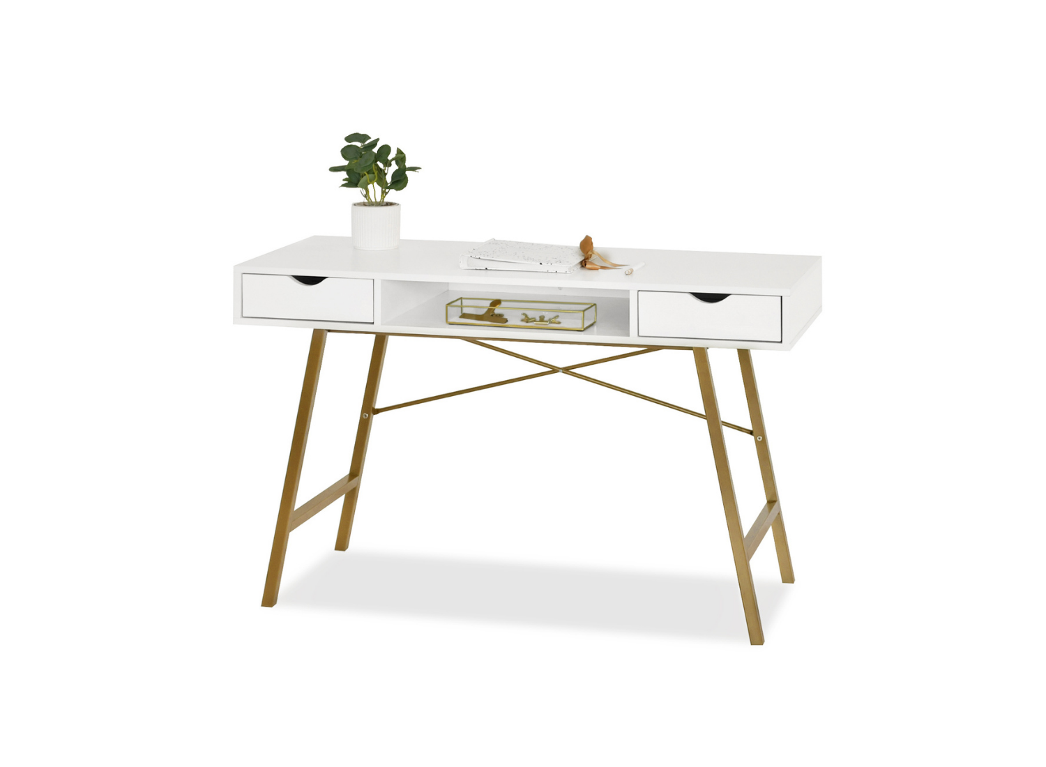 Schreibtisch weiß 120 cm mit Schubladen und Ablage auf goldenen Beinen ALVA Awentto