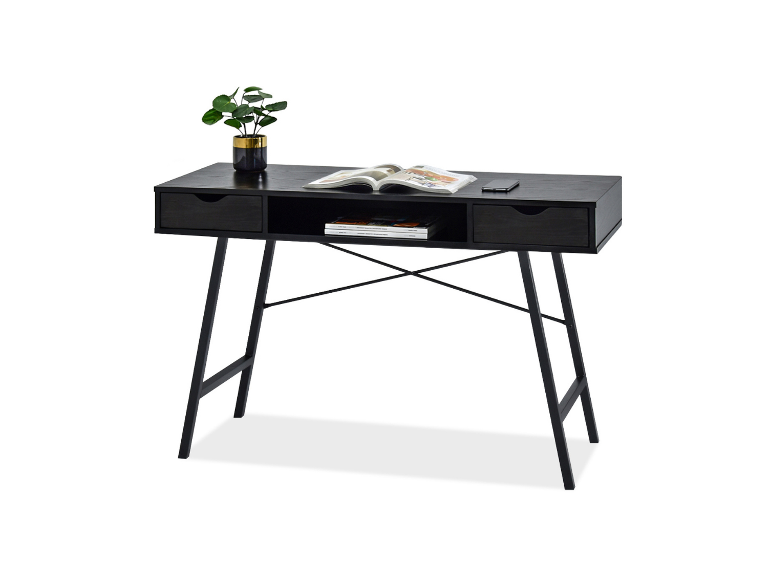 Schreibtisch Schwarz 120 cm mit Schubladen und Regal auf schwarzen Beinen ALVA Awentto
