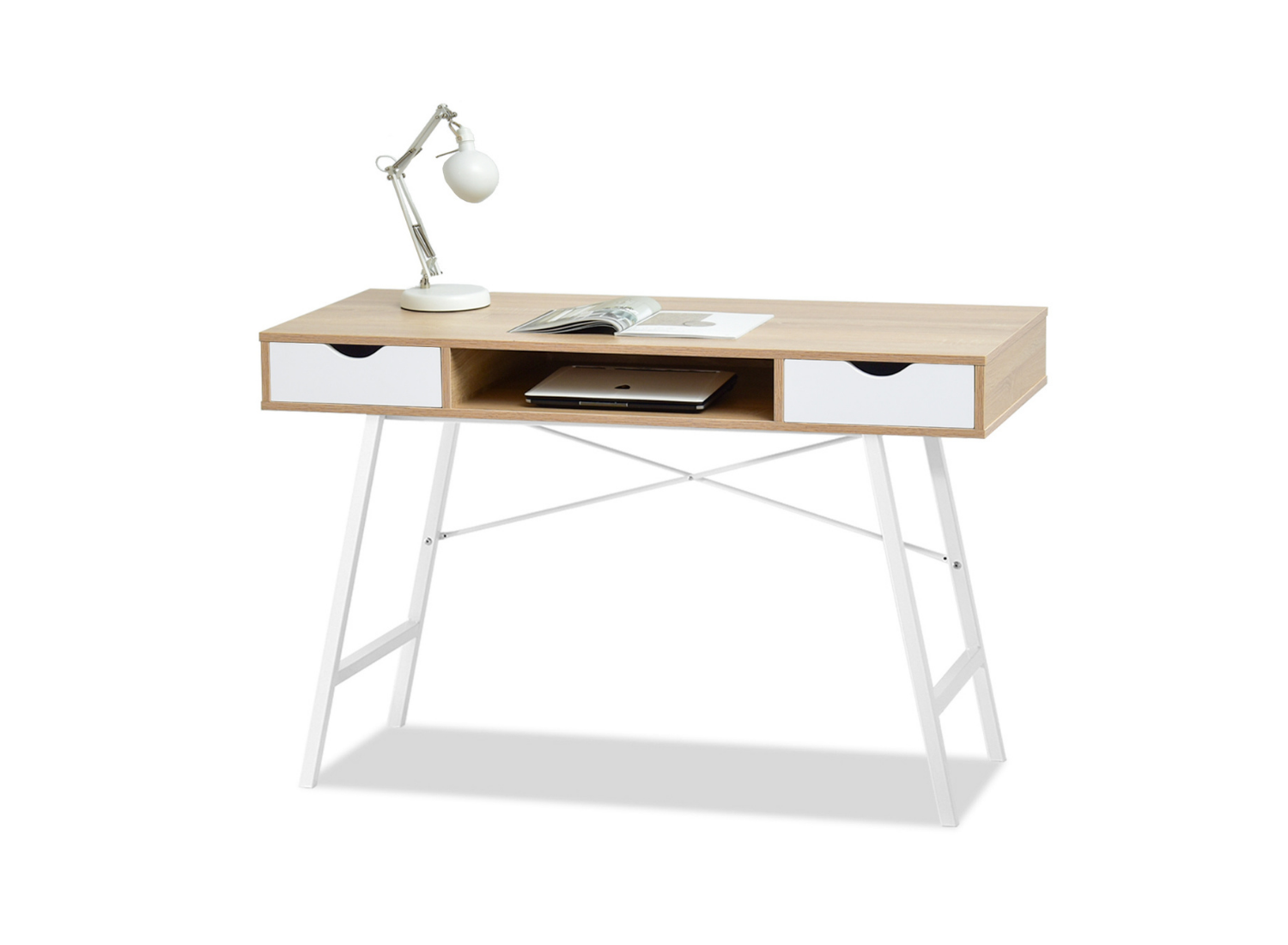 Schreibtisch Eiche 120 cm mit Schubladen und Regal auf weißen Beinen ALVA Awentto