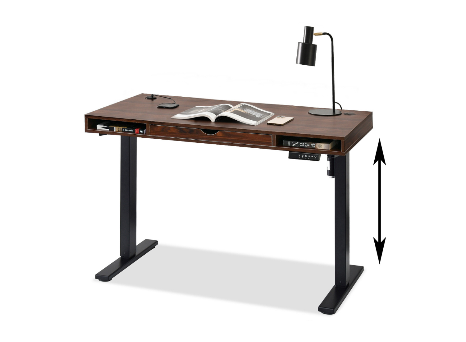 Elektrischer Schreibtisch 120 cm Nussbaum mit Schublade und Regalen auf schwarzem Gestell DENVER Awentto