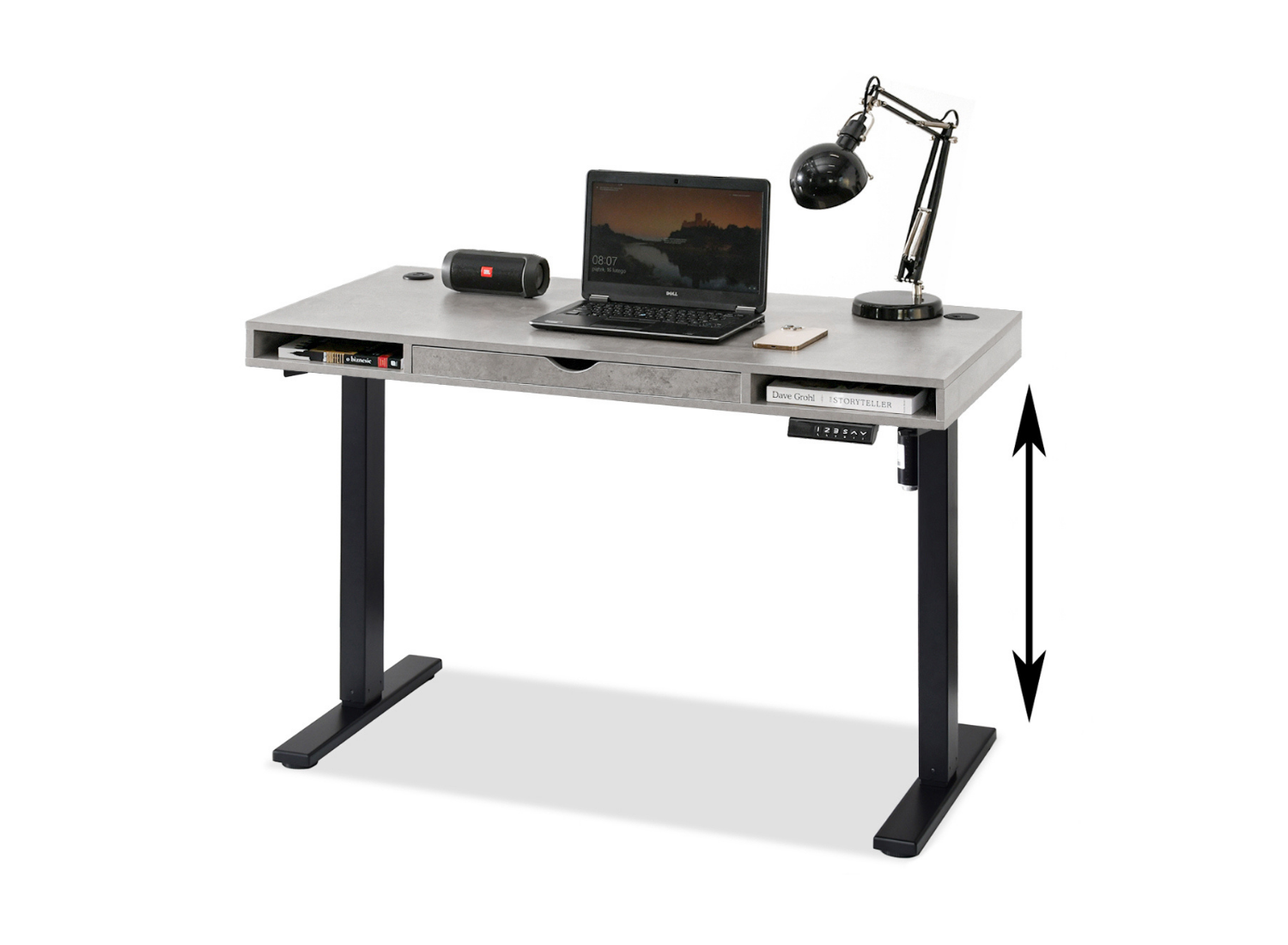 Elektrischer Schreibtisch 120 cm in Beton-Optik mit Schublade und Regalen auf schwarzem Gestell DENVER Awentto