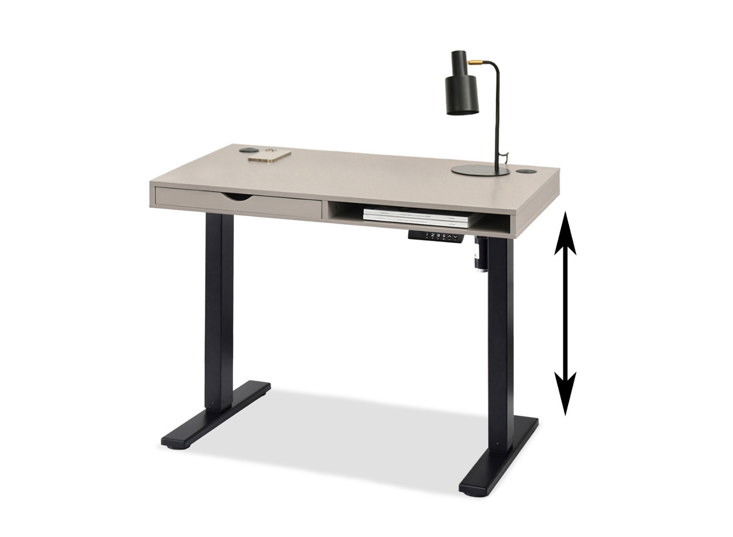 Elektrischer Schreibtisch 100 cm Beige mit Schublade und Ablage auf schwarzem Gestell DENVER Awentto