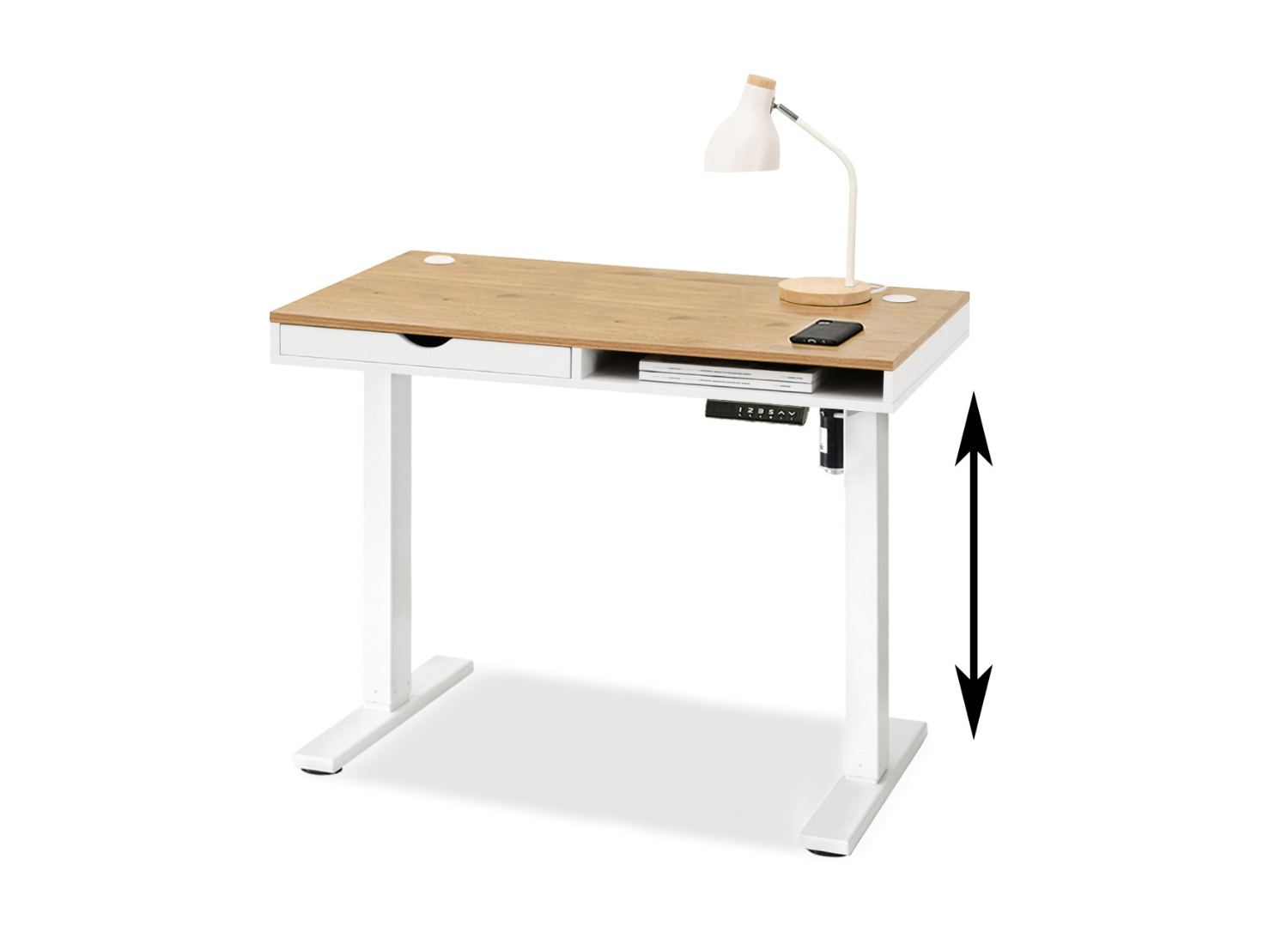 Elektrischer Schreibtisch 120 cm Eiche mit Schublade und Fach auf weißem Gestell DENVER Awentto