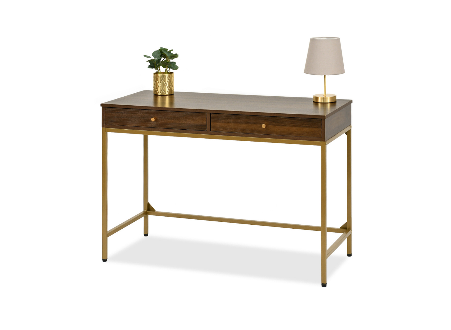 Walnuss Schreibtisch 110 cm mit Schubladen auf goldenen Beinen ERIE Awentto