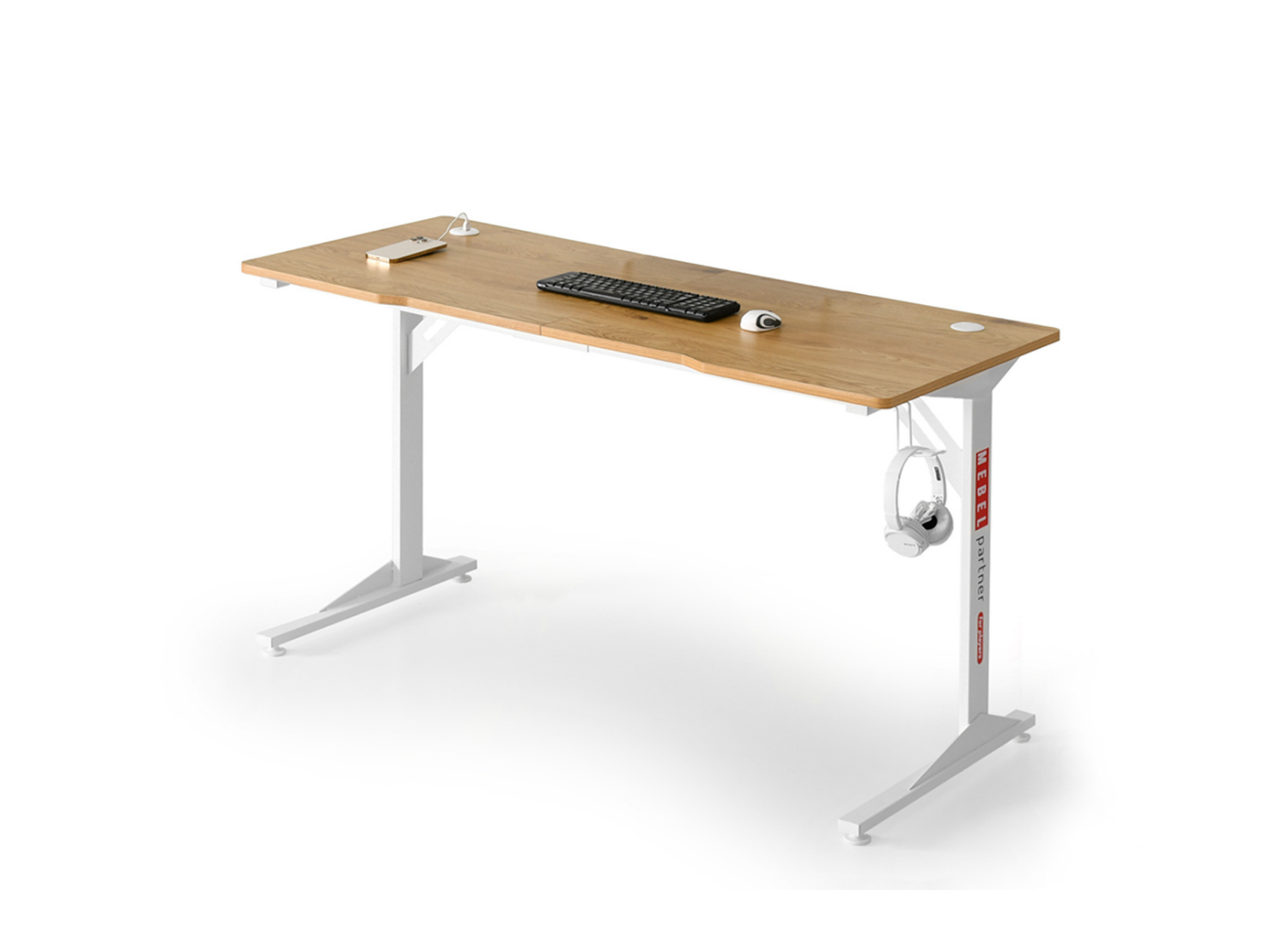 ERIK 140 cm Schreibtisch aus Eiche mit integriertem USB auf weißen Beinen Awentto