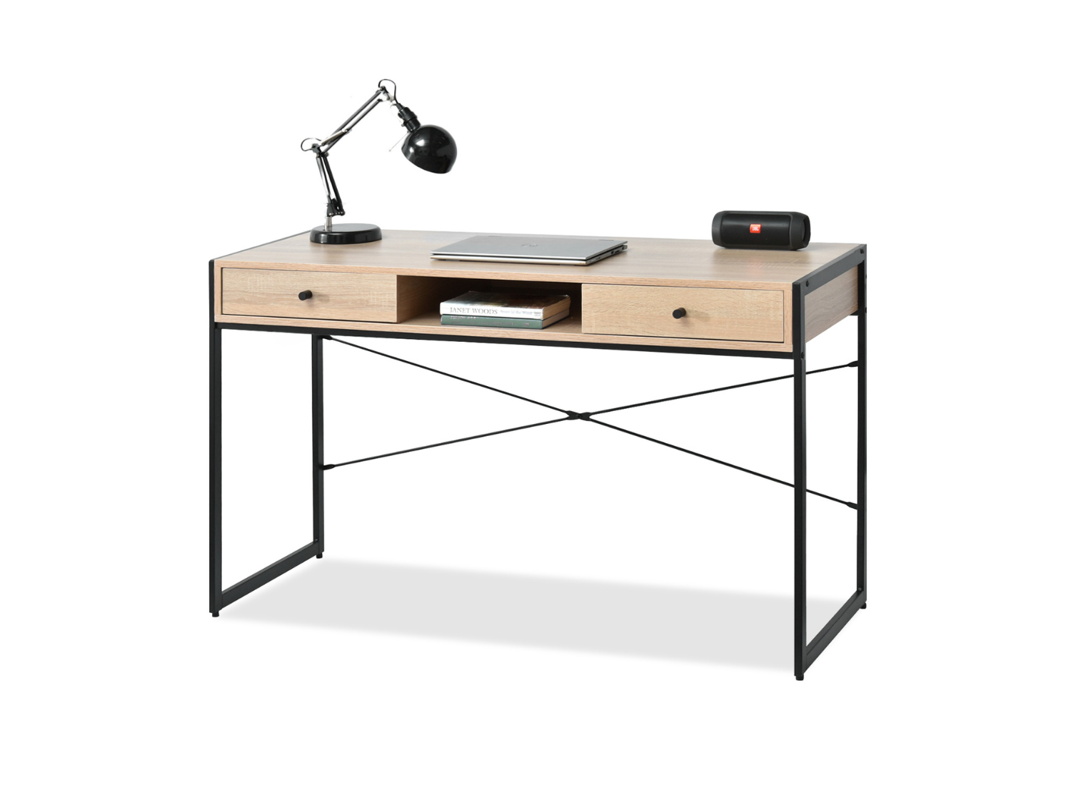 Schreibtisch Eiche-Optik 123 cm mit Schubladen und Regalfach auf Metallbeinen LINUS Awentto